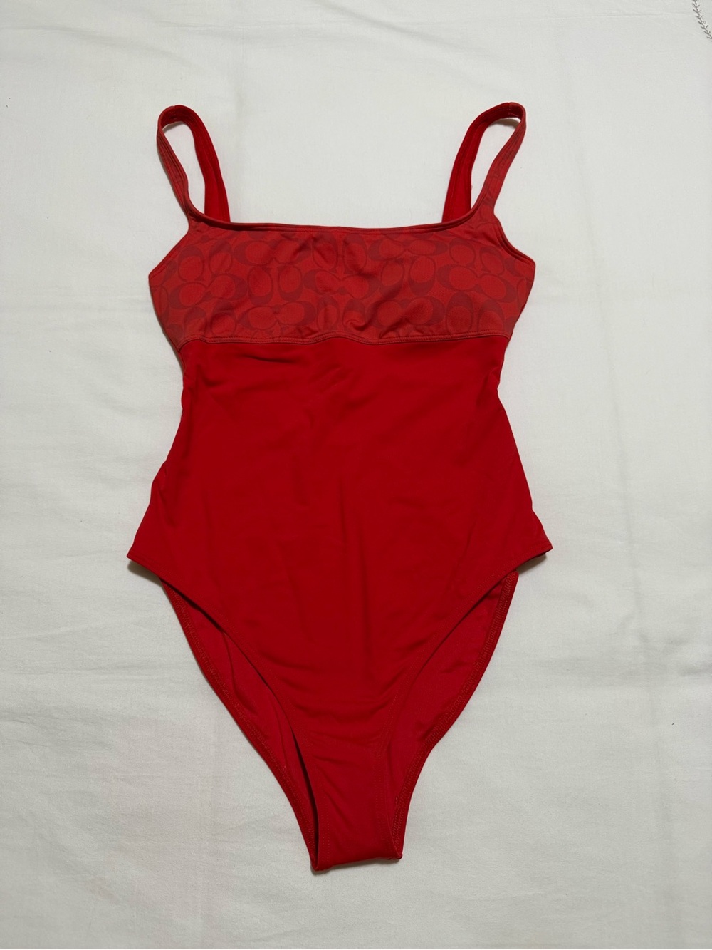 Coach Red One-Piece Swimsuit with Subtle Logo Jacquard